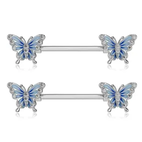 14G Blue Butterfly Nipple Barbell Rings