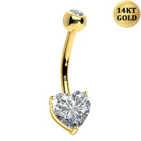 14K Gold Belly Button Rings 14G Heart Solitaire CZ Navel Ring