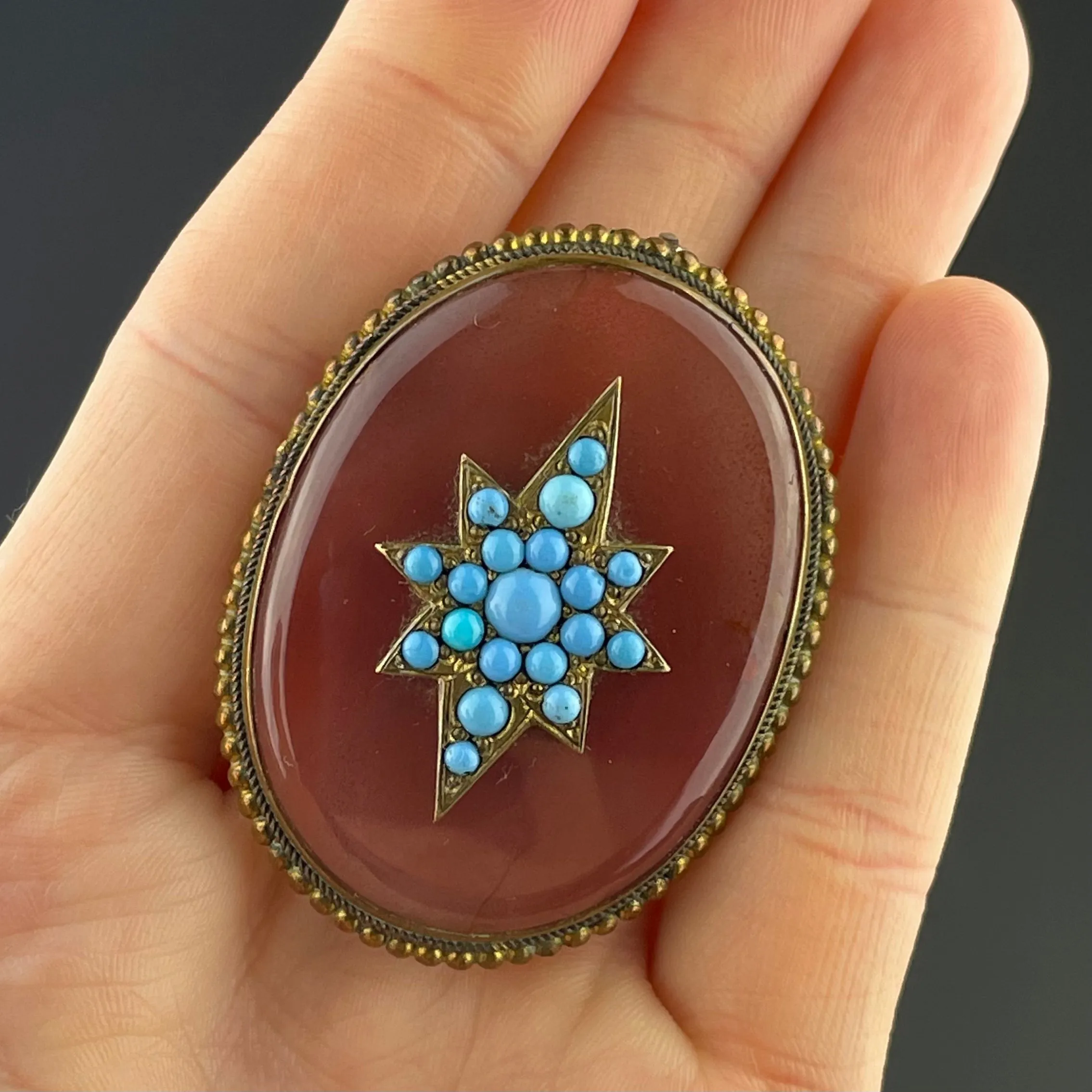 Antique Victorian Turquoise Star Agate Brooch Pin