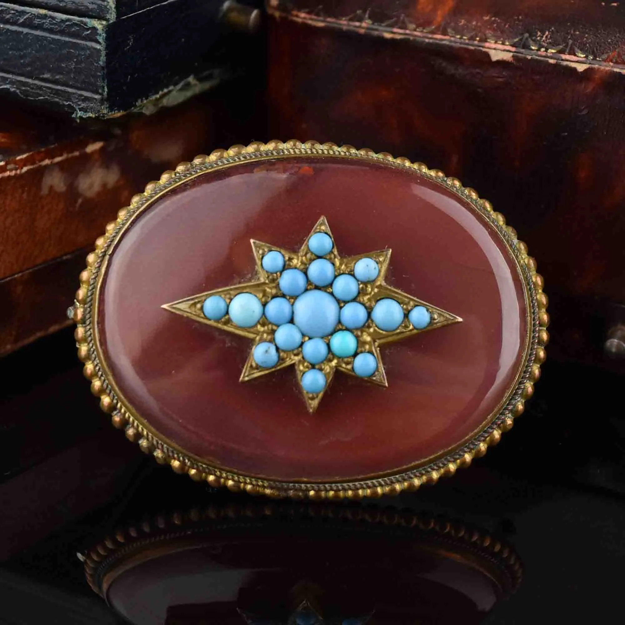 Antique Victorian Turquoise Star Agate Brooch Pin