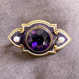 Art Nouveau Amethyst and Pearl Enamel Pin