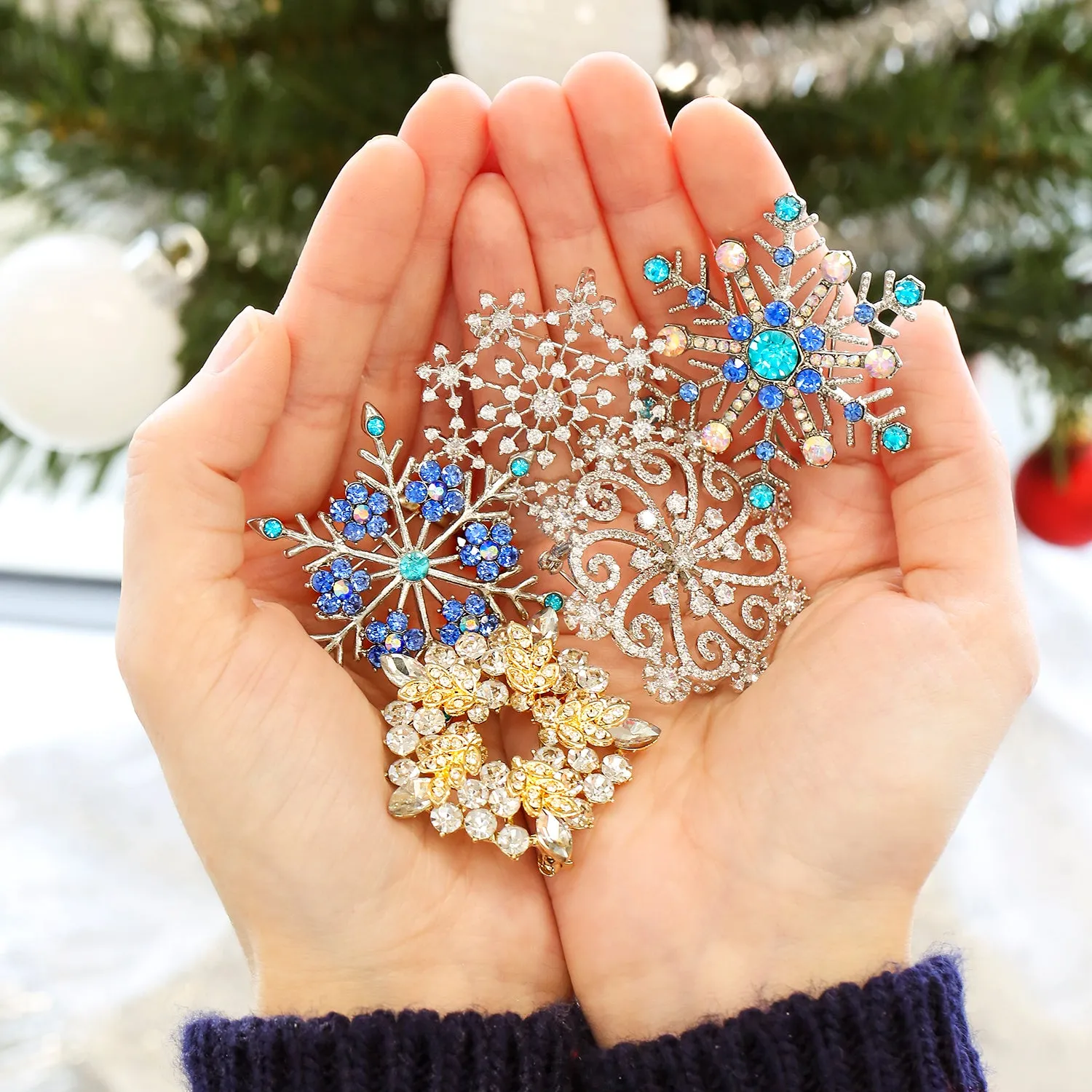 Blue Crystal or CZ Large Holiday Party Statement Snowflake Brooch Scarf Pin