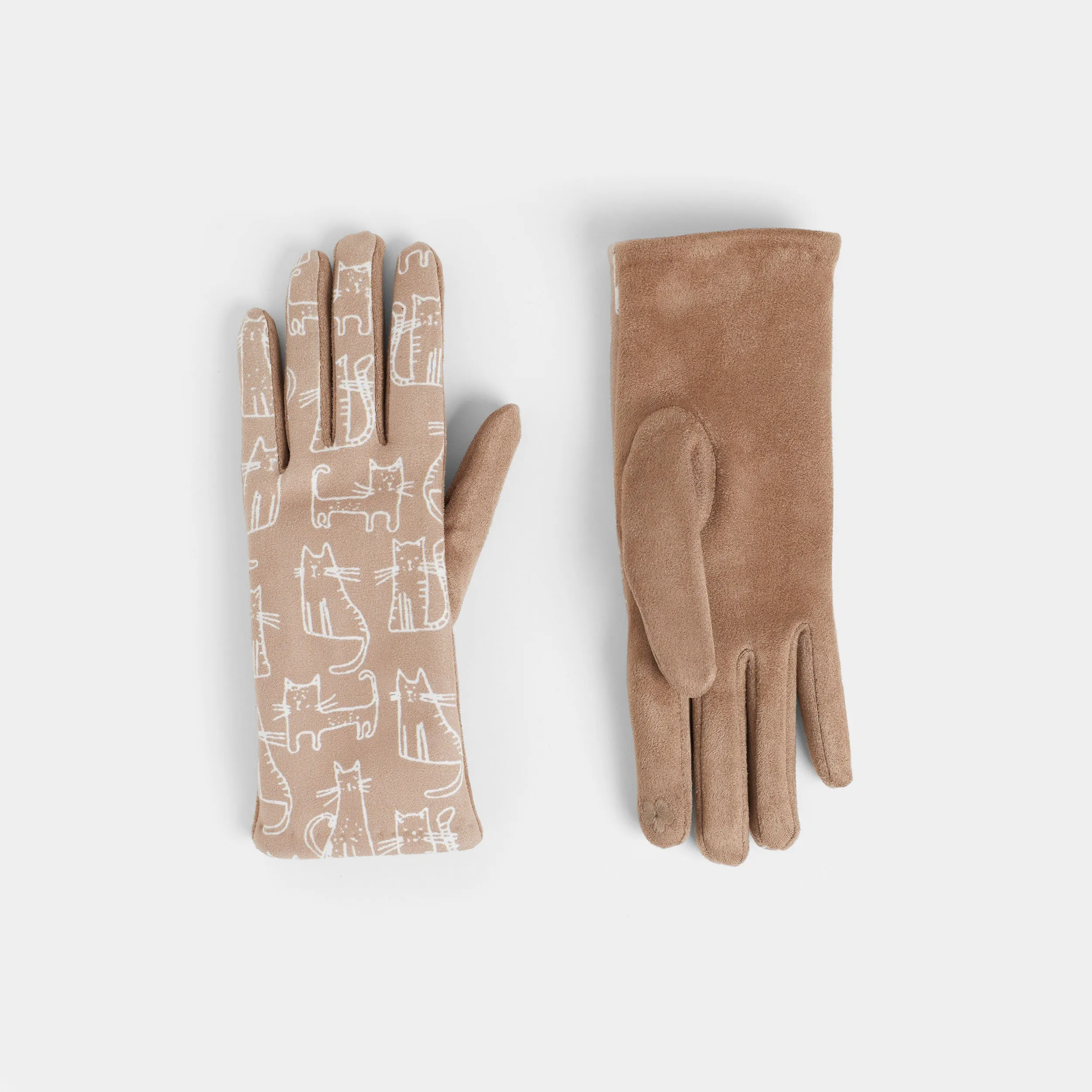 Cat Doodle Touchscreen Gloves - Tan