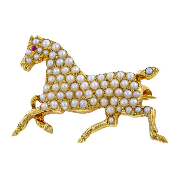 Edwardian Horse Pin, Seed Pearl and Yellow Gold