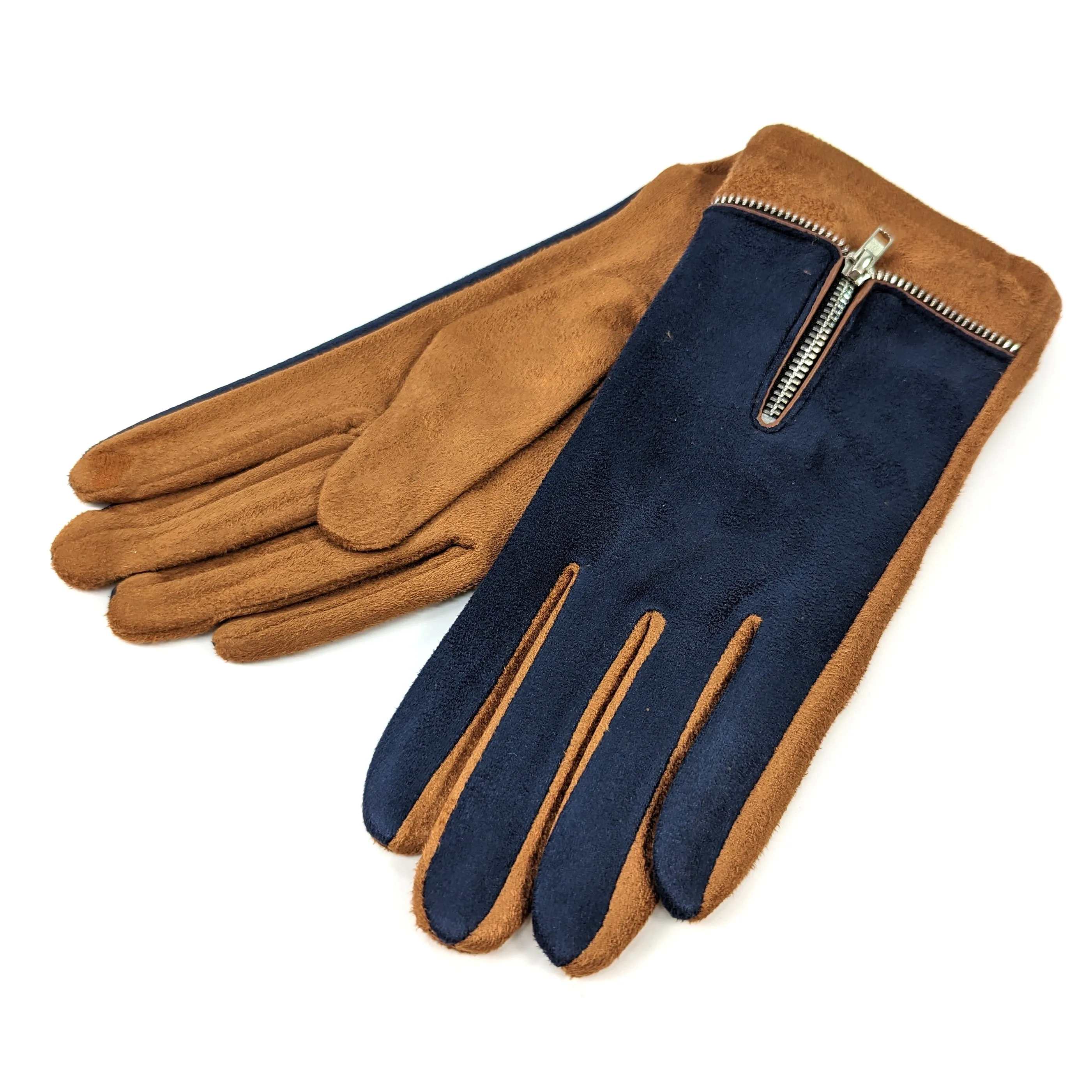 Gloves with a Zip Details - Navy / Camel