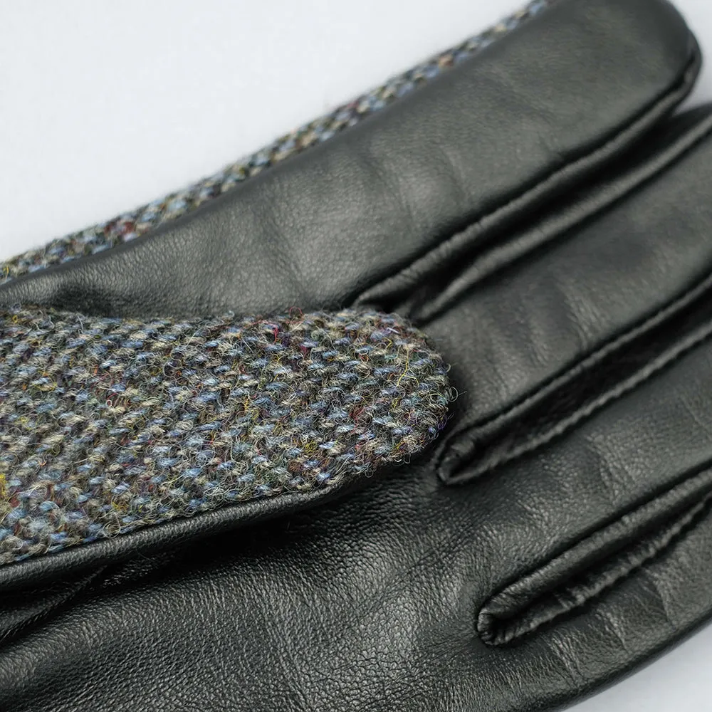 Grey Harris Tweed & Black Leather Mens Gloves