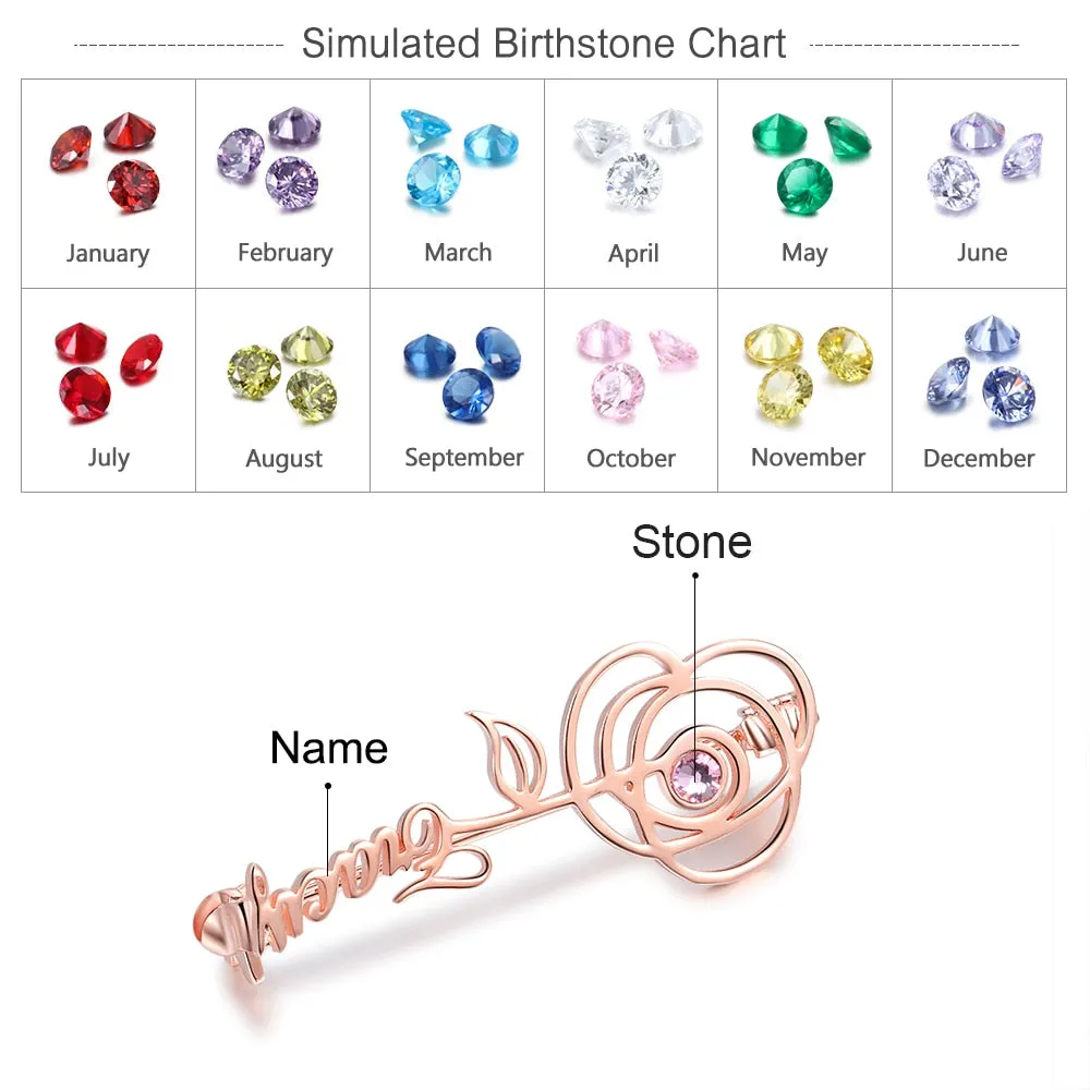 Personalized Name Brooches for Women Elegant Customized Birthstone Rose Flower Leaf Brooch Gifts for Mother