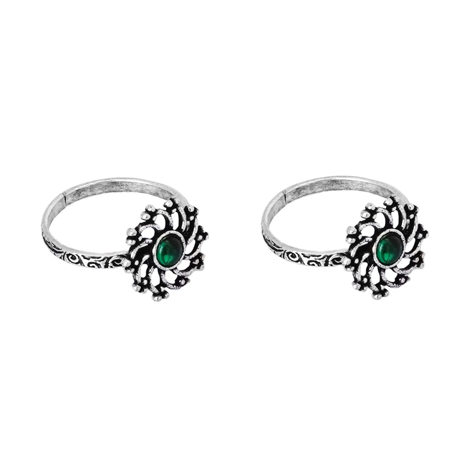 Teejh Dhrishya Green Stone Silver Oxidised Toe Rings