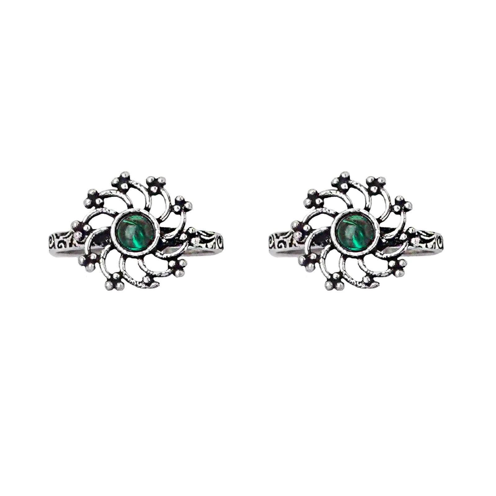 Teejh Dhrishya Green Stone Silver Oxidised Toe Rings